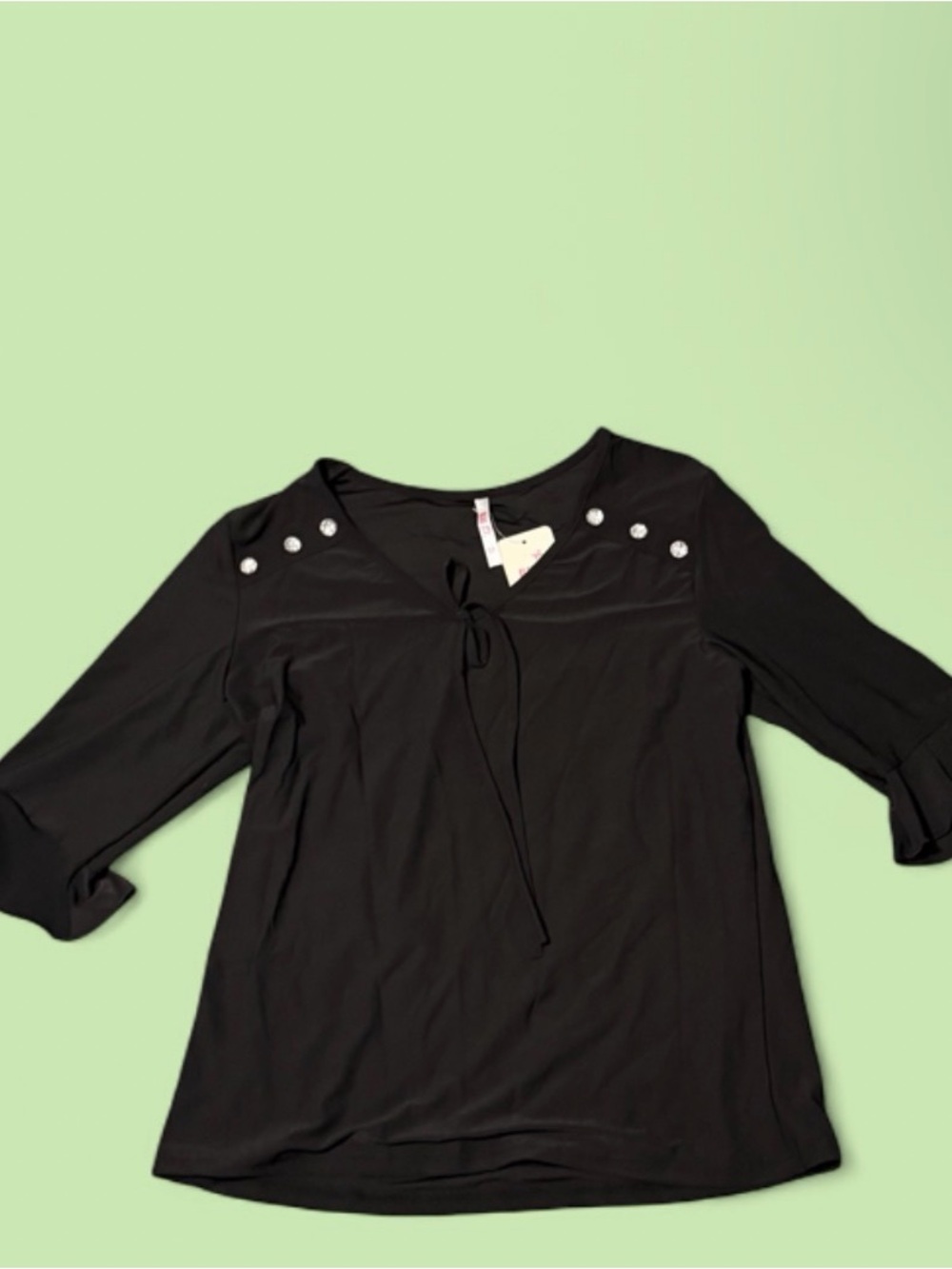 Black Tie-Neck Blouse with Pearl Shoulder Accents